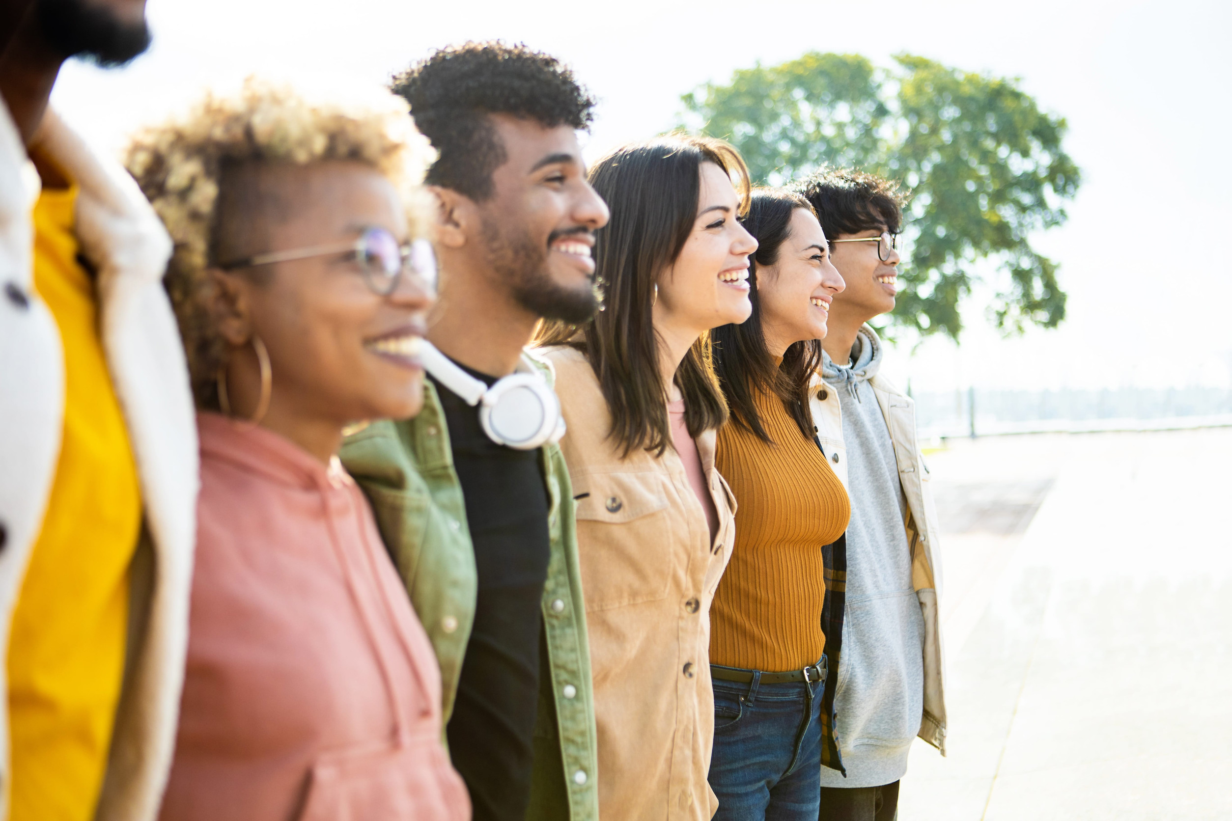 diverse group walking together toward a positive future